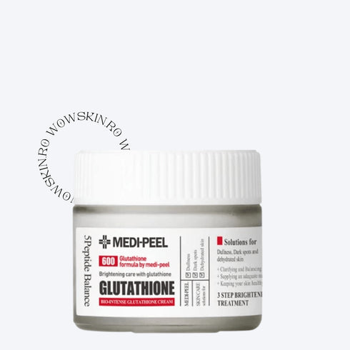 Obțineți un ten luminos cu crema iluminatoare MEDPEEL GLUTATHIONE 600 Brightening Cream. Această formulă puternică este concepută pentru pielea ternă și deshidratată, oferind un tratament de iluminare în 3 etape care clarifică, hidratează și menține luminozitatea.Borcanul deschis dezvăluie textura luxoasă a cremei, promițând să vă hrănească și să vă revitalizeze pielea cu fiecare aplicare.Ideal pentru obținerea unui tonus mai uniform al pielii și a unei străluciri radiante.